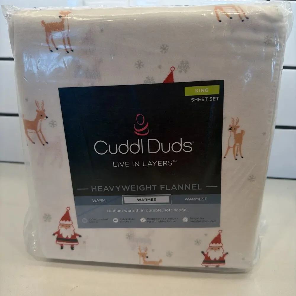 Cuddl Duds King Bed Sheet Set‎ Christmas Santa Reindeer Heavyweight Flannel NEW!
